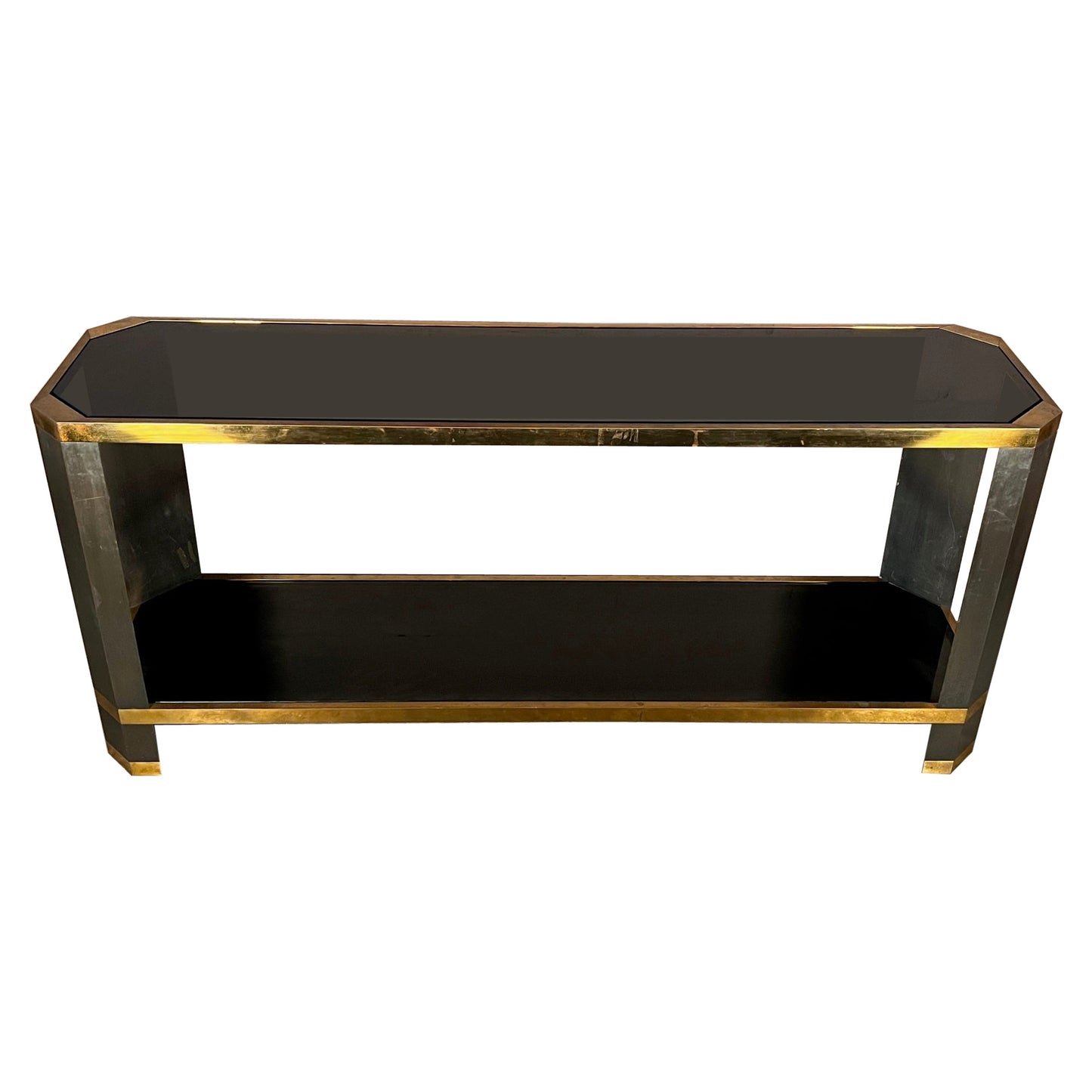 frisman vintage Brass And Black Glass Console Ron Seff, 1970's