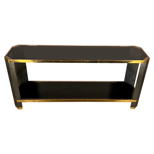 Frisman Vintage Brass And Black Glass Console Ron Seff, 1970's