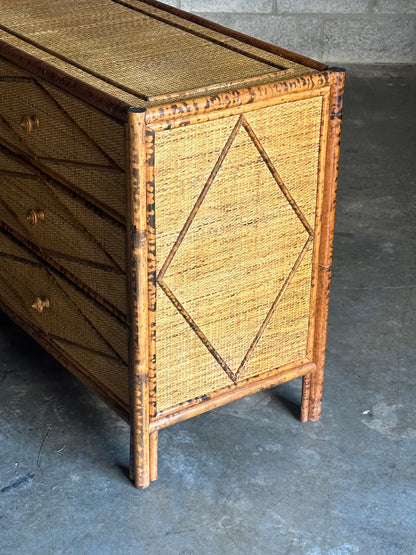 Frisman Vintage Vintage British Colonial Style Faux Burnt Bamboo and Rattan Lowboy Dresser