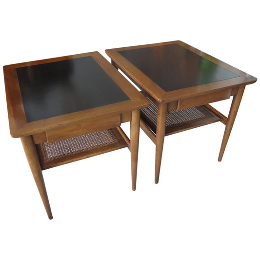 Frisman Vintage A Pair of American of Martinsville Occasional Tables with Caned Shelf