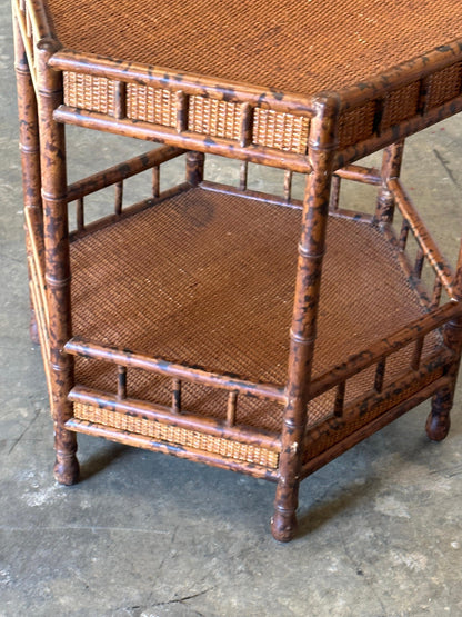 British Colonial Style Tiered Hexagon Table in Faux Bamboo and Cane