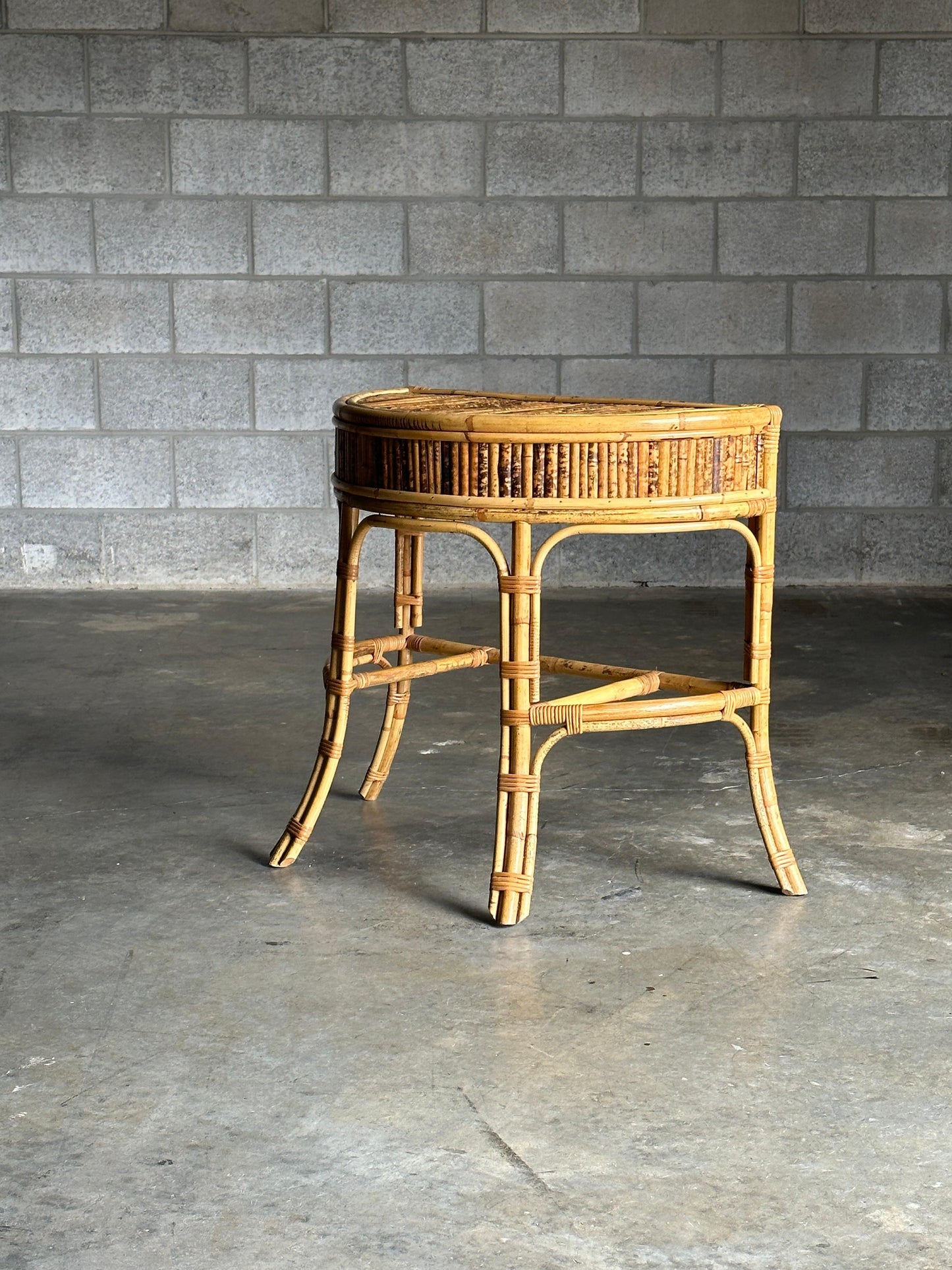 1970s Burnt Bamboo and Rattan Demilune Console Table