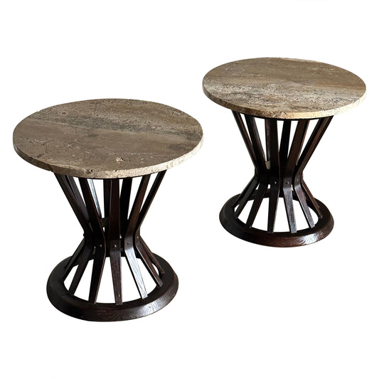 Frisman Vintage Edward Wormley for Dunbar Sheaf of Wheat Tables, Travertine and Ash