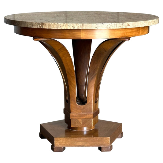 Frisman Vintage Edward Wormley for Dunbar Large Tulip End/ Side Table in Travertine and Walnut