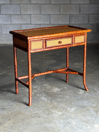 British Colonial Style Small Desk or Console Table, Faux Bamboo and Cane