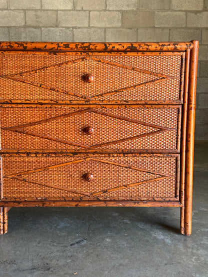 Vintage British Colonial Style Burnt Bamboo and Rattan Lowboy Dresser