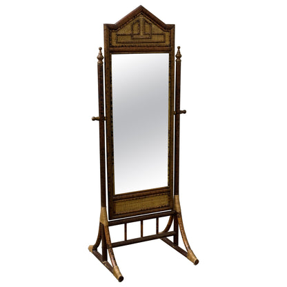 Frisman Vintage British Colonial Style Burnt Bamboo and Cane Freestanding Cheval Floor Mirror