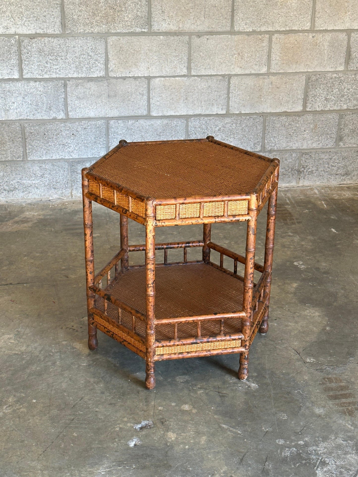 British Colonial Style Tiered Hexagon Table in Faux Bamboo and Cane