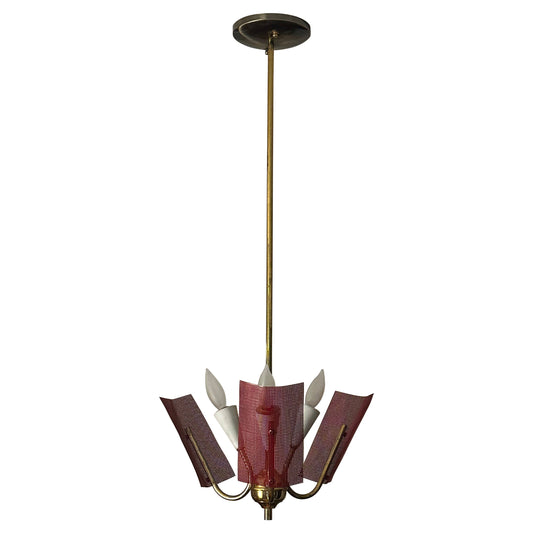 Frisman Vintage Mid Century Modern Perforated Red Metal and Brass Chandelier