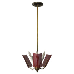 Mid Century Modern Perforated Red Metal and Brass Chandelier
