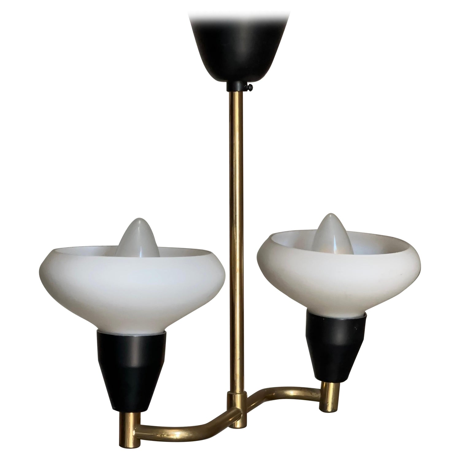Frisman Vintage 1950s Brass, Metal, and Opaline Glass Hanging Ceiling Light, Sweden