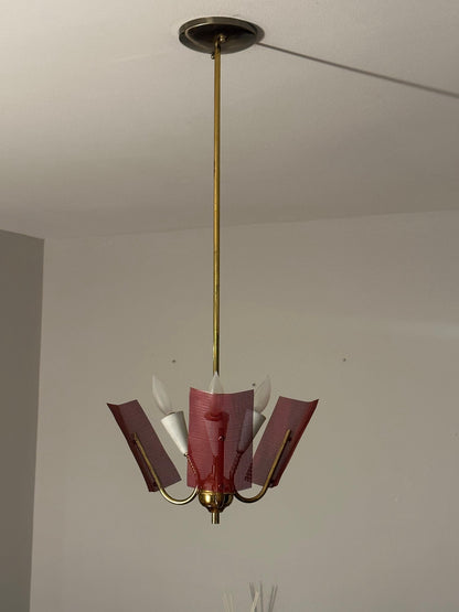 Frisman Vintage Mid Century Modern Perforated Red Metal and Brass Chandelier