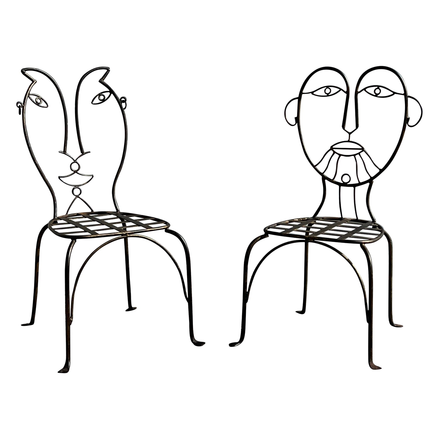 Frisman Vintage Vintage Man and Woman Pop Art Chairs Heavy Iron Bronze Finish 1980's Whimsical