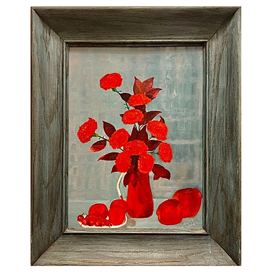 Frisman Vintage 60s Vintage Mid Century Modern Red Floral Still Life Oil Painting Framed