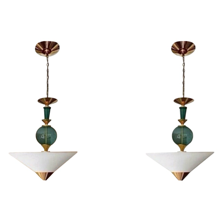 Frisman Vintage Pair Vintage Hivo Van Teal Mid Century Lucite Brass Elegant Hanging Pendants