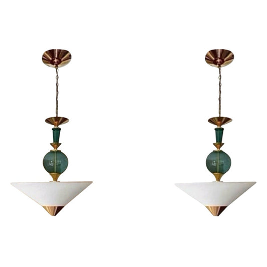 Frisman Vintage Pair Vintage Hivo Van Teal Mid Century Lucite Brass Elegant Hanging Pendants