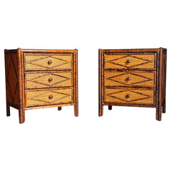 1980s Vintage British Colonial Style Burnt Bamboo and Cane Nightstands- A Pair