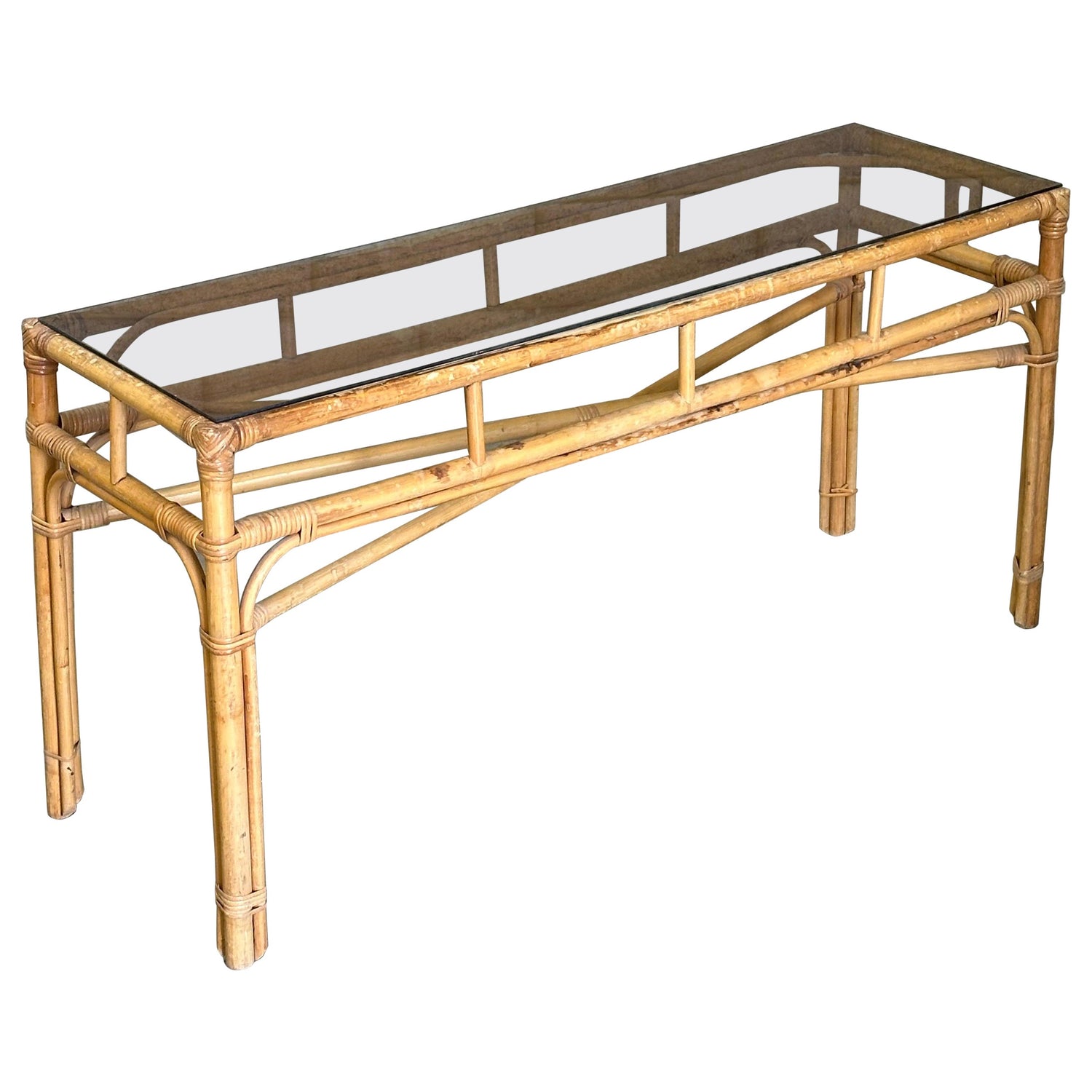 Frisman Vintage Vintage Coastal Bamboo, Cane, and Glass Top Console Table
