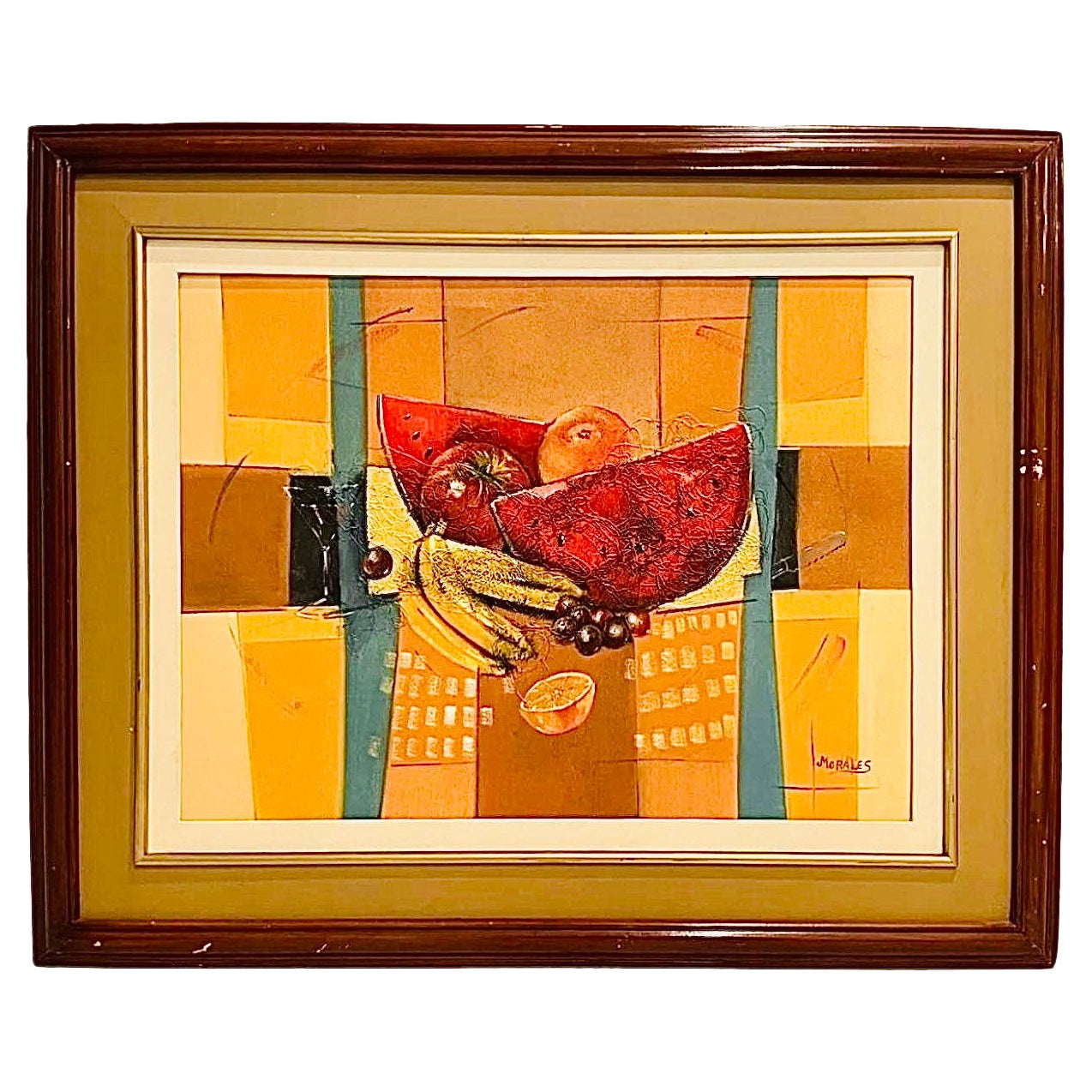 Frisman Vintage XL Mid Century Cubist Mixed Media Still Life Fruit Painting after Cezanne D. Fox