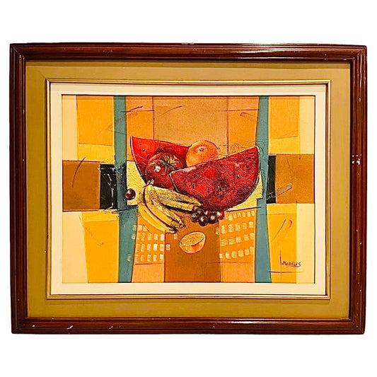 Frisman Vintage XL Mid Century Cubist Mixed Media Still Life Fruit Painting after Cezanne D. Fox