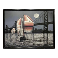 SALE 70s Monumental Rare Letterman Sailboat SFO Framed Realism Nautical Painting