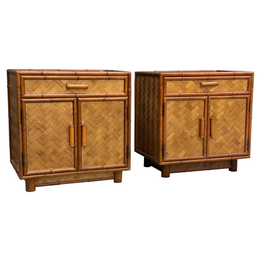 Frisman Vintage Faux Bamboo and Herringbone Cane Nightstands