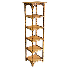 1980s British Colonial Faux Bamboo and Cane Tall Shelf