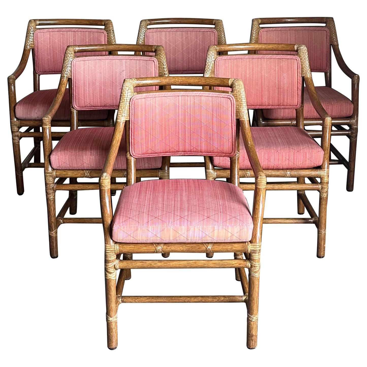 Frisman Vintage 1980s McGuire All Arm Organic Modern Rattan and Leather Dining Chairs- Set of 6