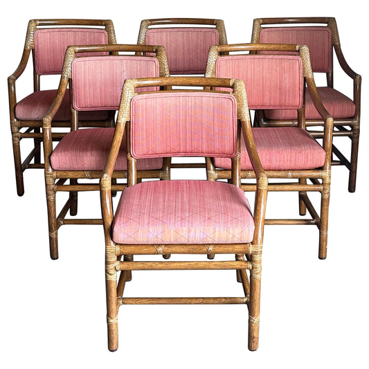 Frisman Vintage 1980s McGuire All Arm Organic Modern Rattan and Leather Dining Chairs- Set of 6