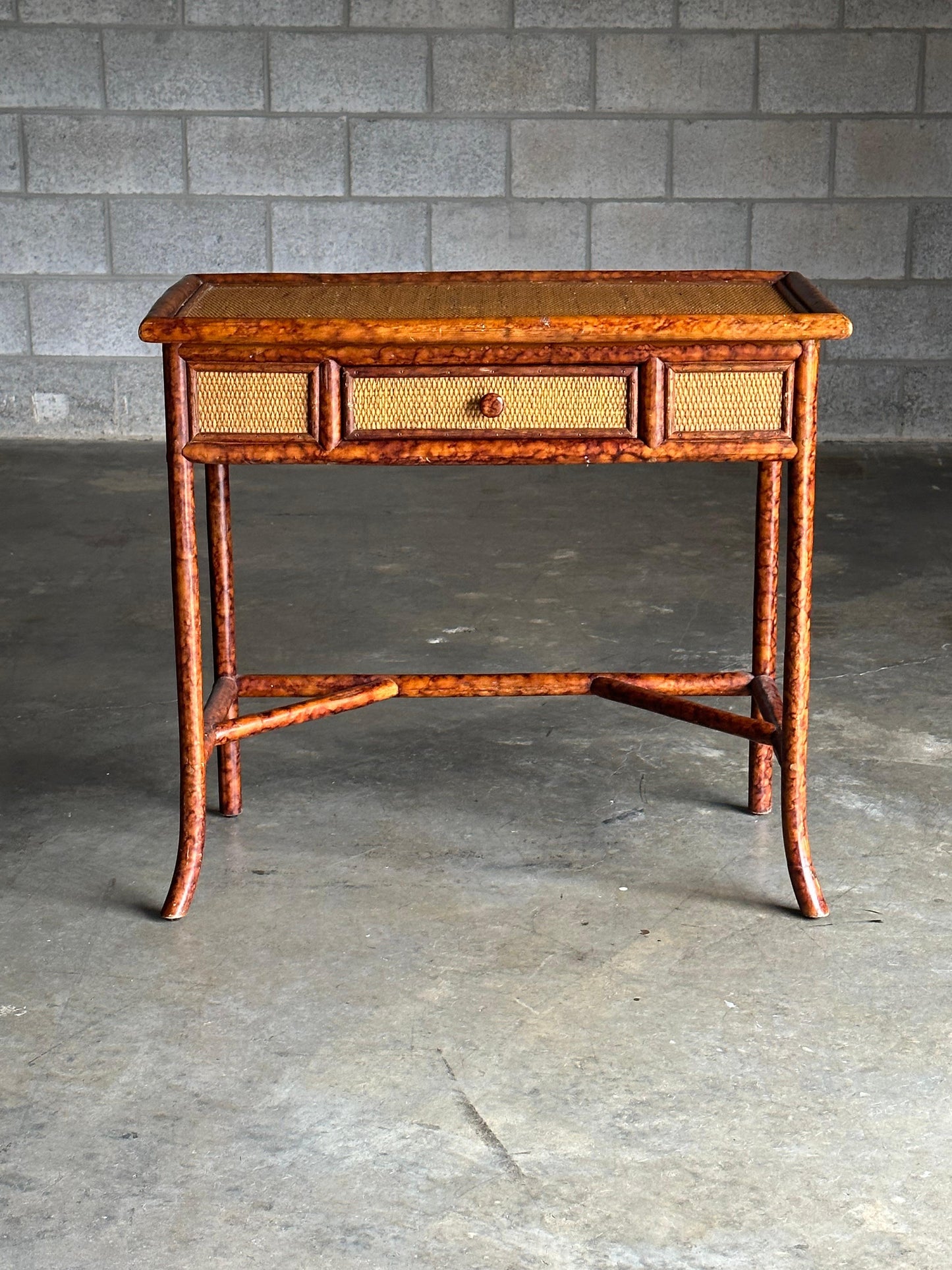 British Colonial Style Small Desk or Console Table, Faux Bamboo and Cane