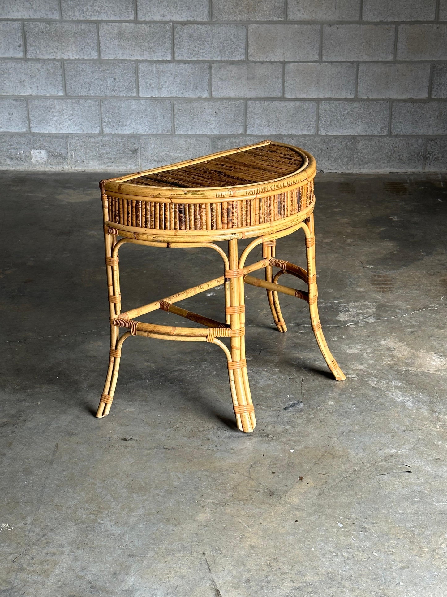 1970s Burnt Bamboo and Rattan Demilune Console Table