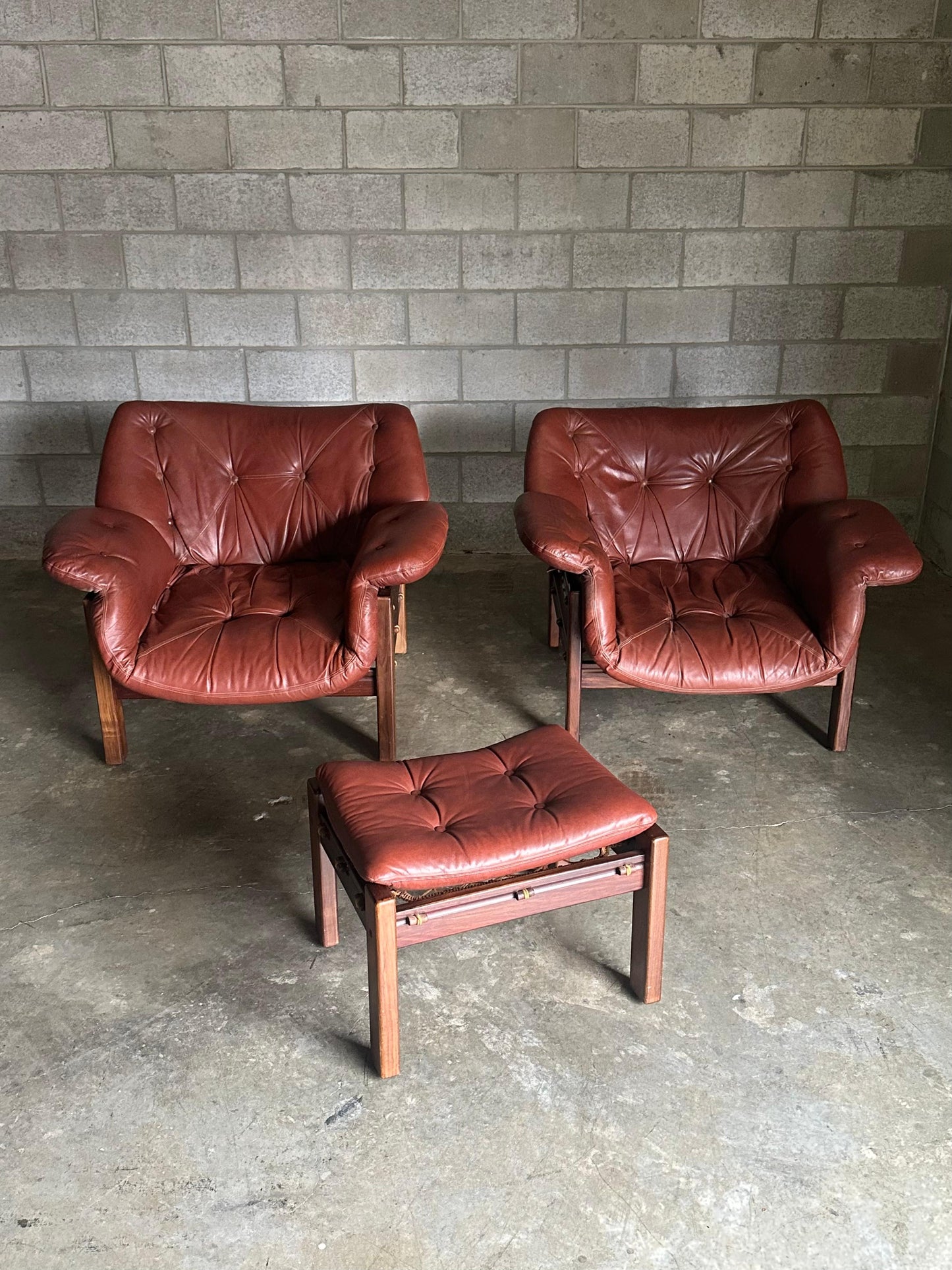 Frisman Vintage Jean Gillon Tijuca Chairs and Ottoman, a Set of 3