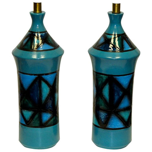 Frisman Vintage A Pair of Large Blue Green Ceramic Lamps from Italy