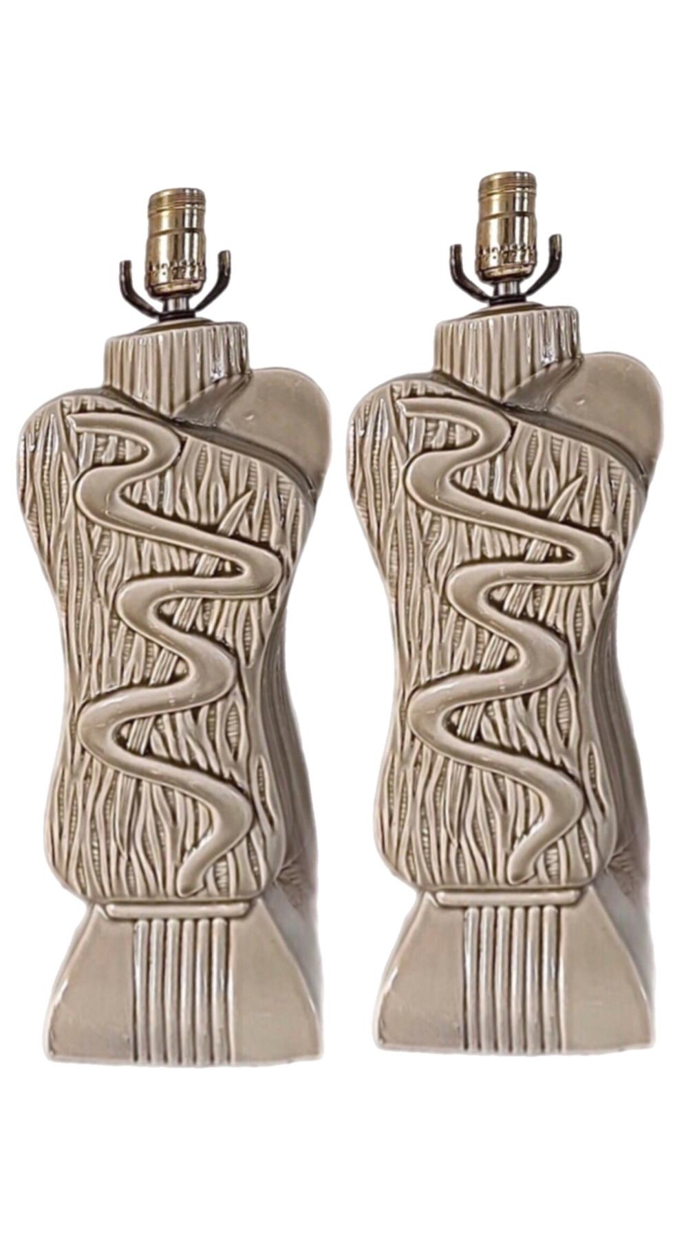 Frisman Vintage 40s Pair Phil-Mar Style Art Deco Mid Century Modern Abstract Ceramic Table Lamps