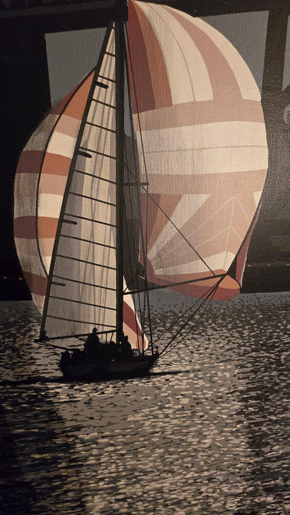 Frisman Vintage SALE 70s Monumental Rare Letterman Sailboat SFO Framed Realism Nautical Painting