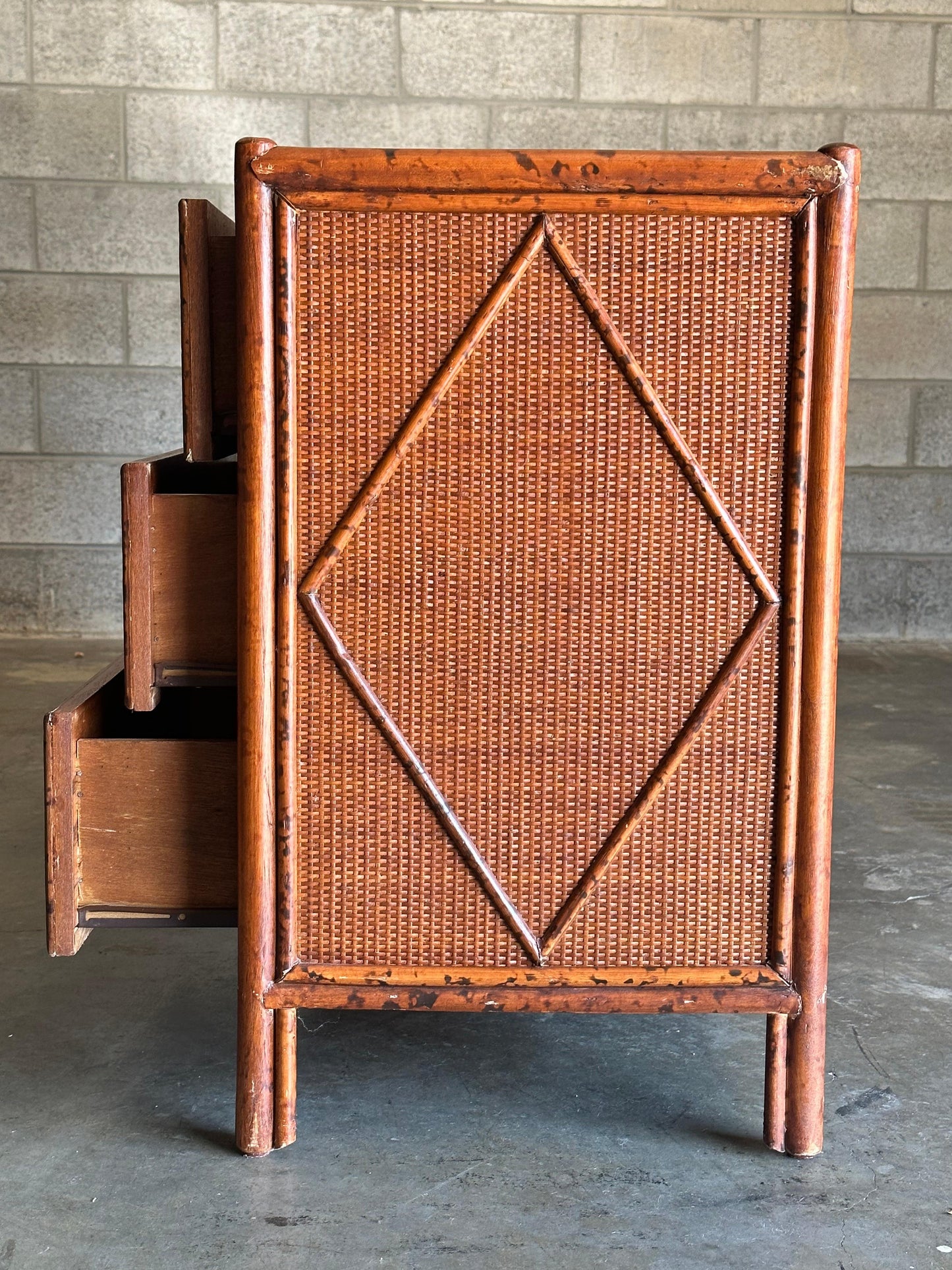 Vintage British Colonial Style Burnt Bamboo and Rattan Lowboy Dresser