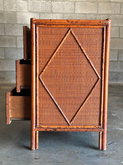 Vintage British Colonial Style Burnt Bamboo and Rattan Lowboy Dresser