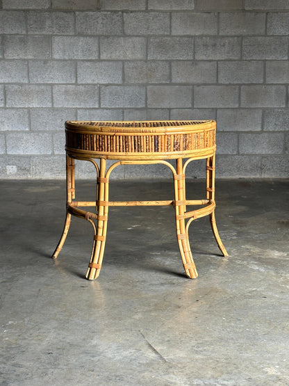 1970s Burnt Bamboo and Rattan Demilune Console Table