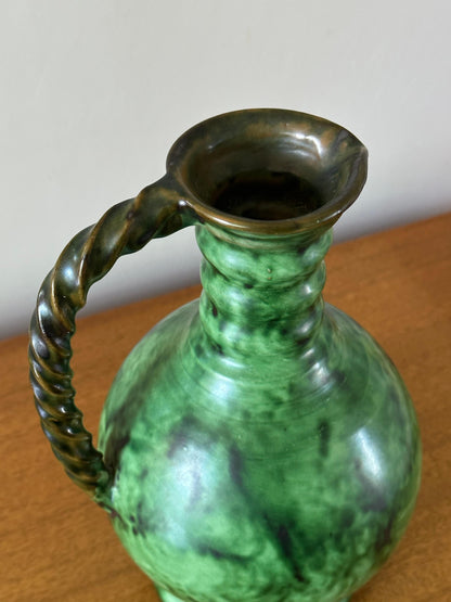 Frisman Vintage Erik Mornils Handled Pitcher Vase for Nittsjö Keramik, Sweden, Malachite Glaze