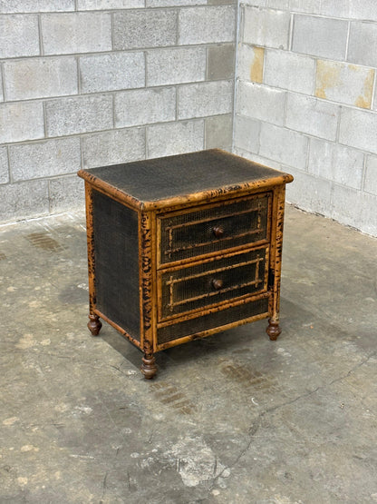 Frisman Vintage Vintage British Colonial Style Burnt Bamboo and Cane Nightstand