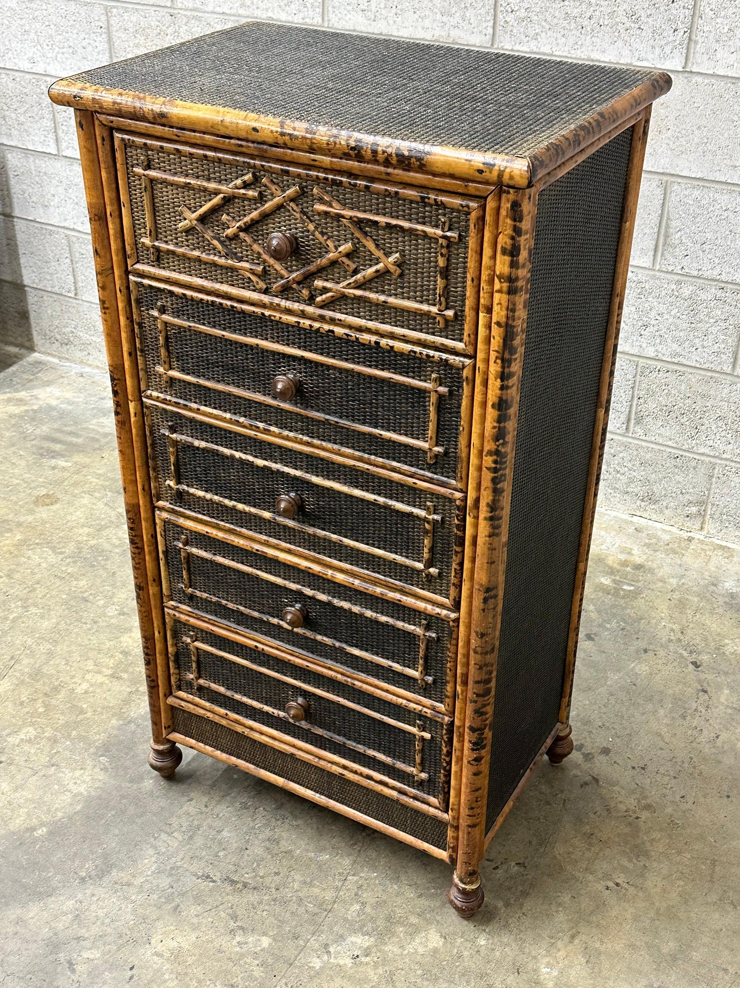 Frisman Vintage Vintage British Colonial Style Burnt Bamboo and Rattan Tall Chest