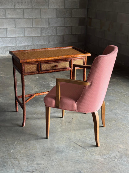 British Colonial Style Small Desk or Console Table, Faux Bamboo and Cane