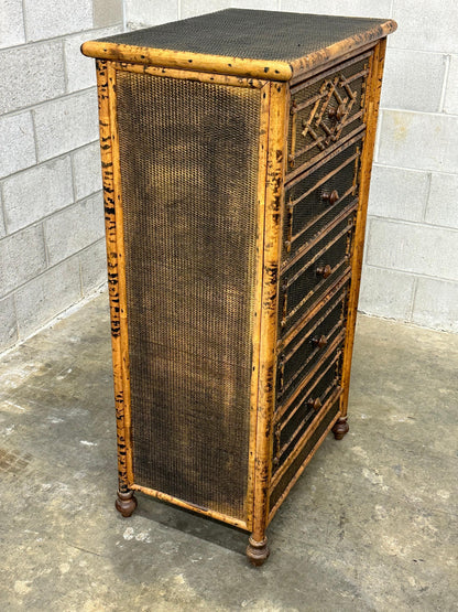 Frisman Vintage Vintage British Colonial Style Burnt Bamboo and Rattan Tall Chest