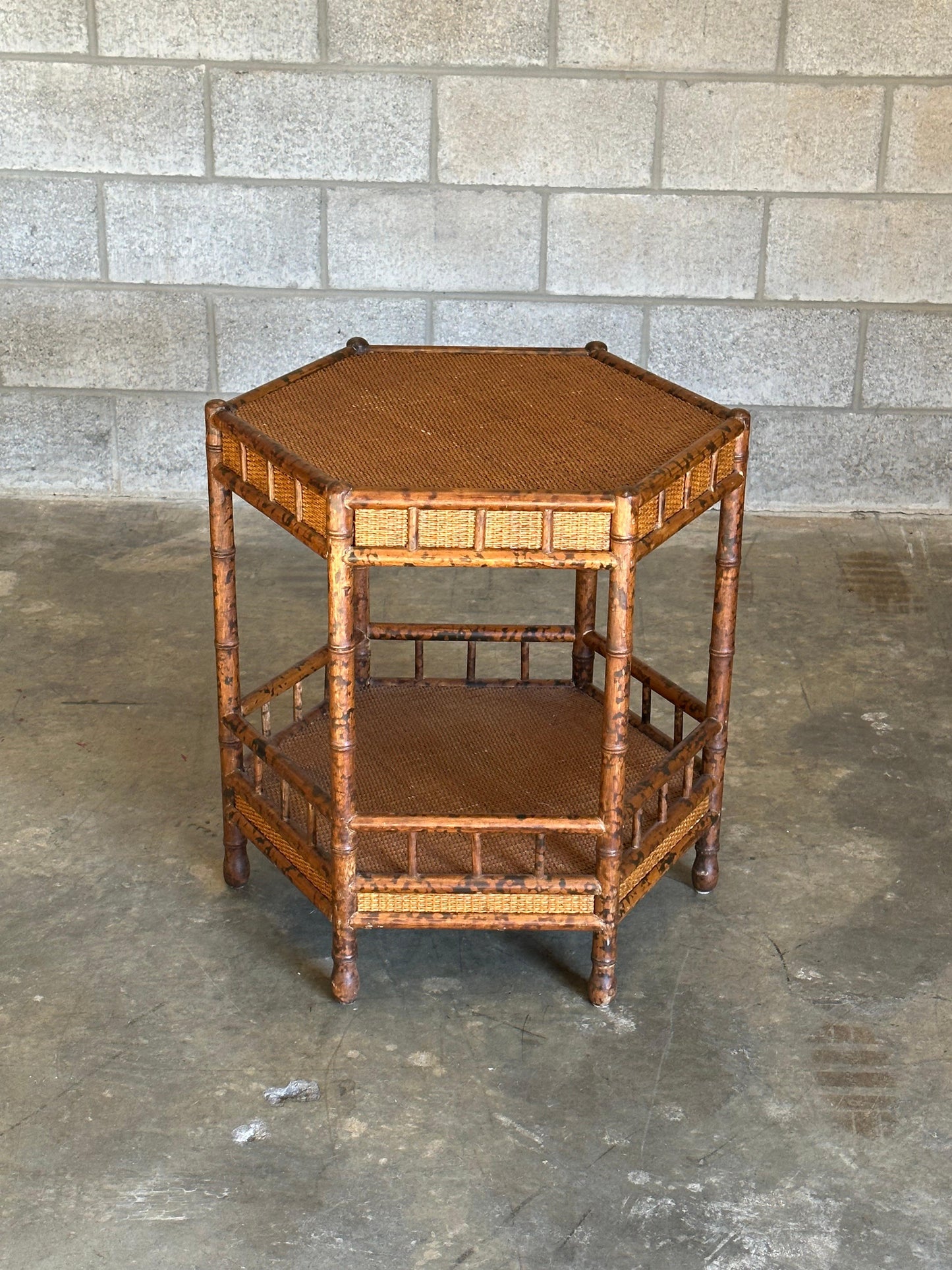 British Colonial Style Tiered Hexagon Table in Faux Bamboo and Cane