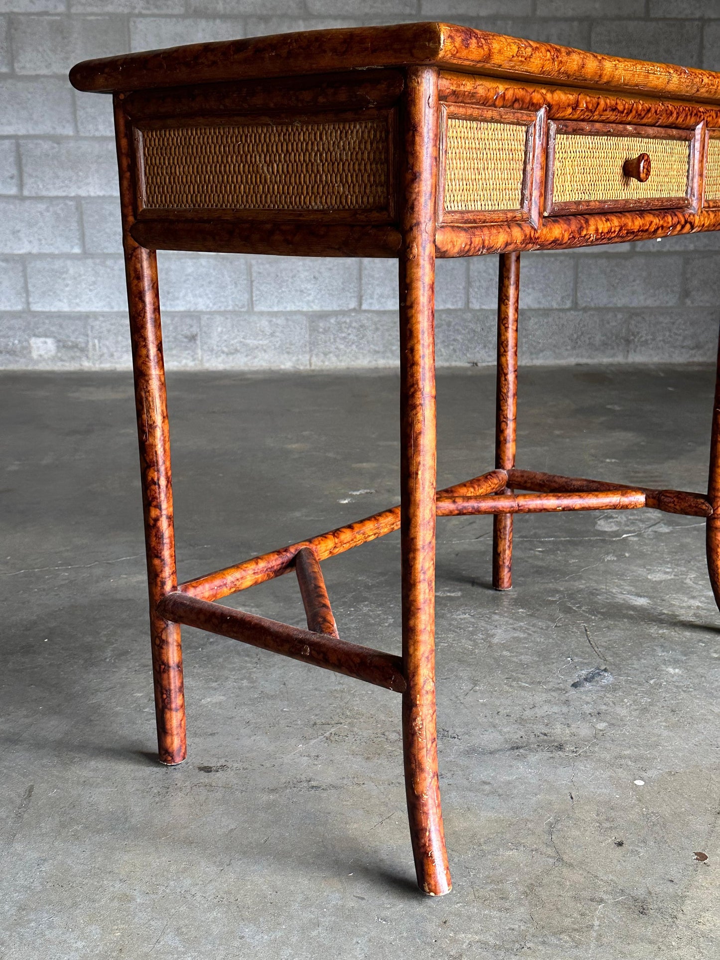 British Colonial Style Small Desk or Console Table, Faux Bamboo and Cane