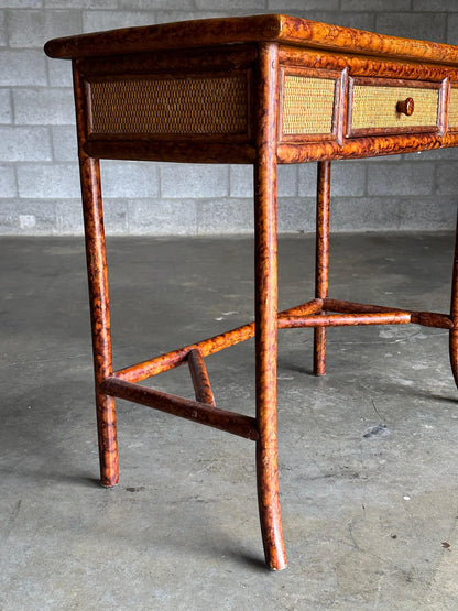 British Colonial Style Small Desk or Console Table, Faux Bamboo and Cane