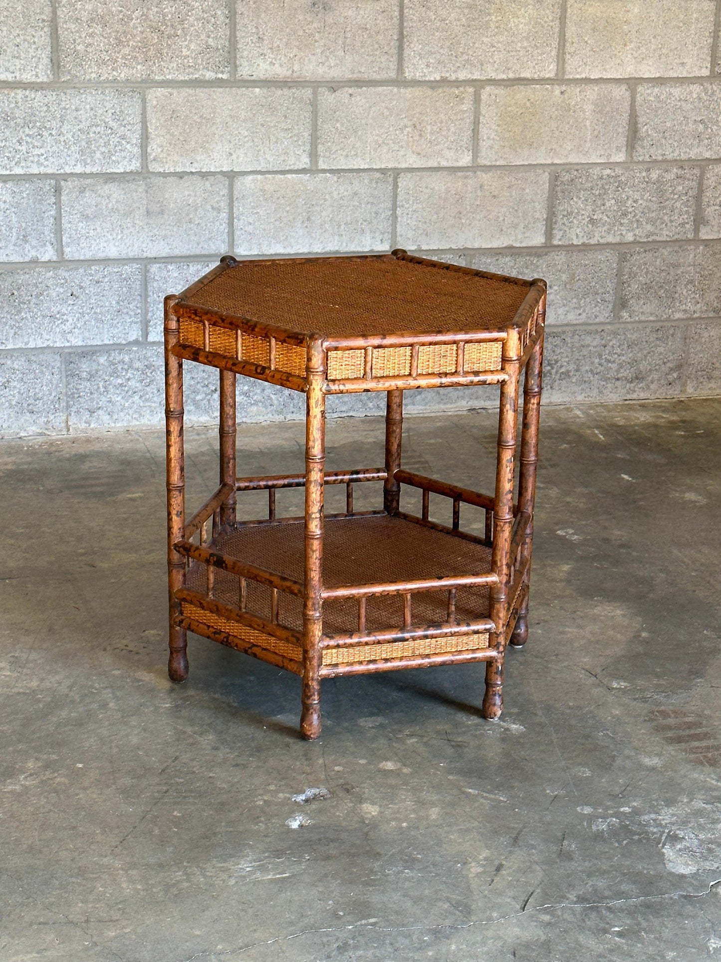 British Colonial Style Tiered Hexagon Table in Faux Bamboo and Cane