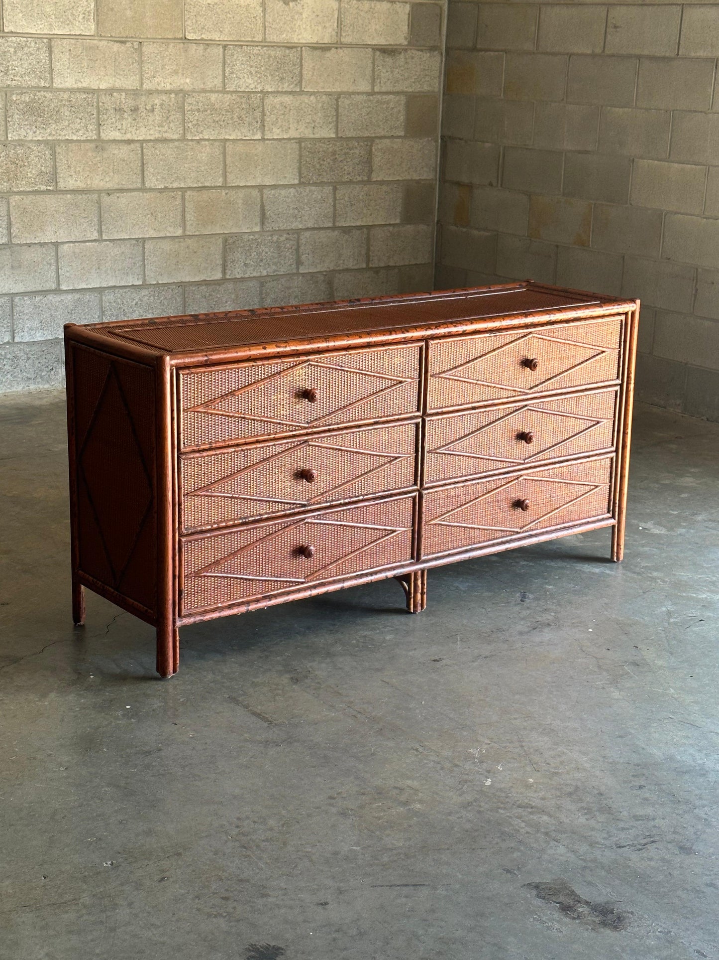 Vintage British Colonial Style Burnt Bamboo and Rattan Lowboy Dresser