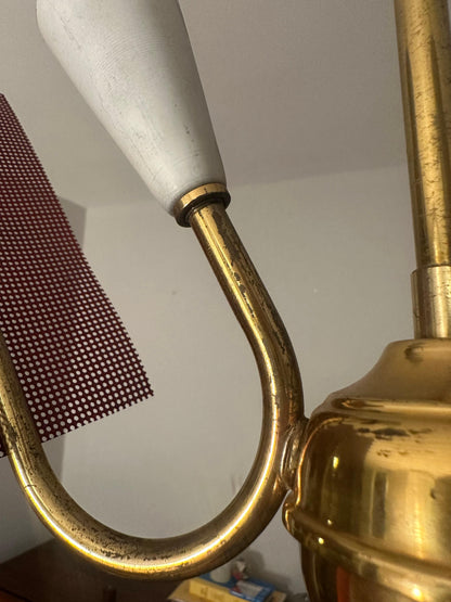 Frisman Vintage Mid Century Modern Perforated Red Metal and Brass Chandelier