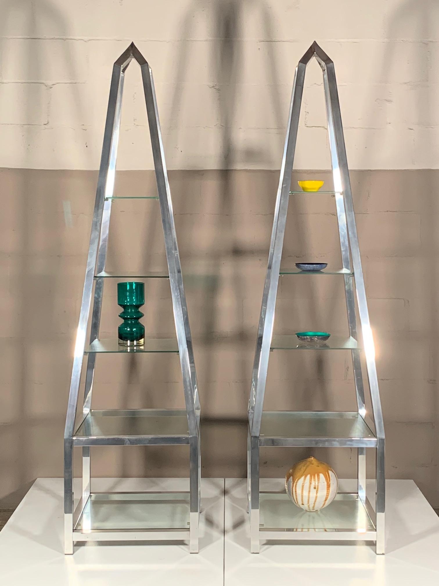 Frisman Vintage Pair of Obelisk Étagères in Polished Aluminum